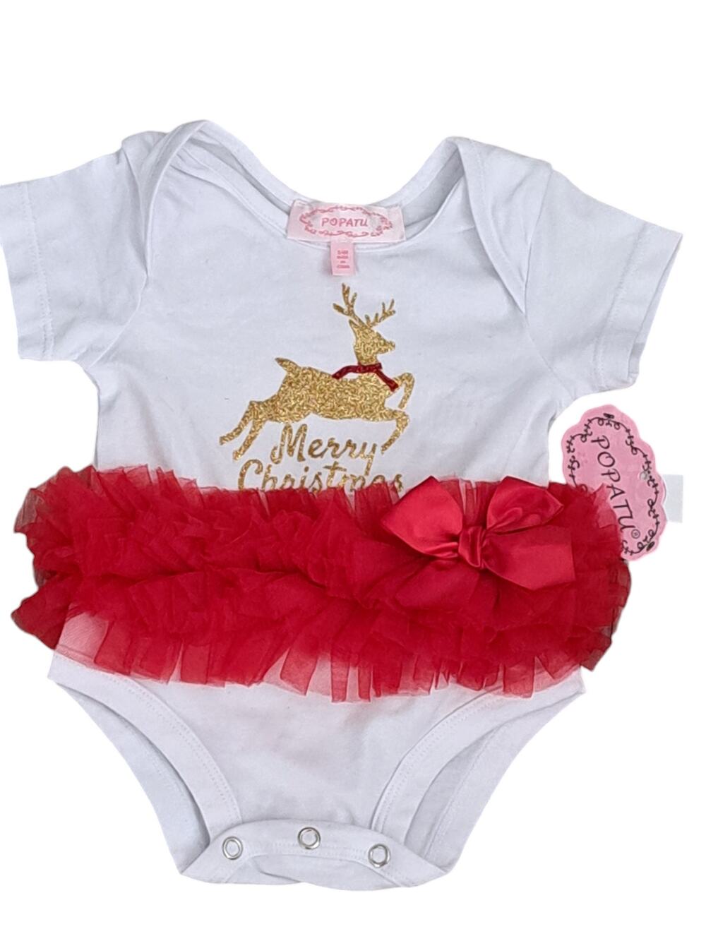 NWT Popatu Christmas White Red Gold Reindeer Tutu Bow Ruffle Bodysuit 12 Months